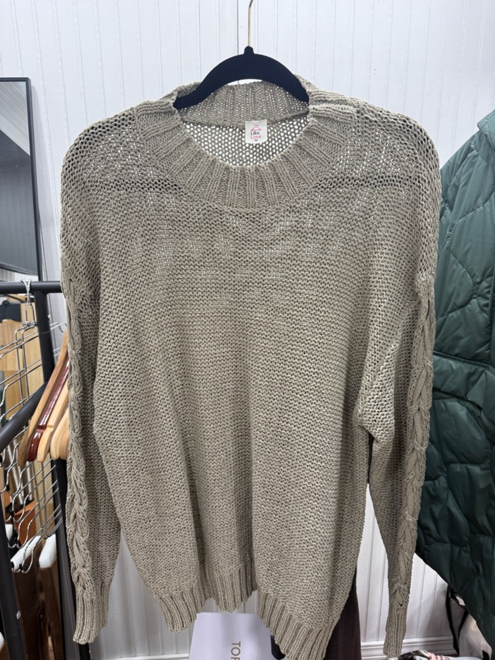Women's Open Weave Cable Sleeve Knit Sweater - Taupe/Stone